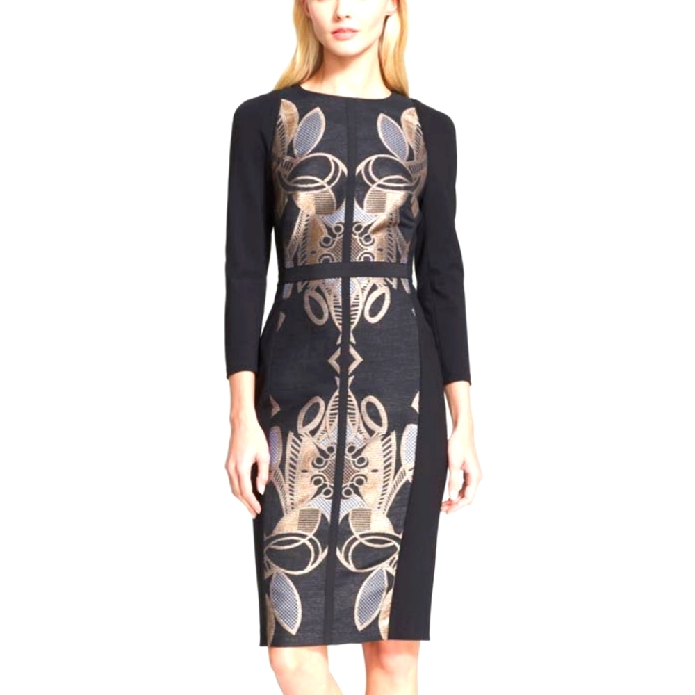 Ted Baker Black and Gold Printed Sheath Dress